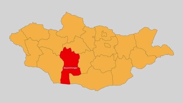 Bayankhongor map animated video. The location is highlighted on the Mongolia map. Colour map with Gray background in video format.
