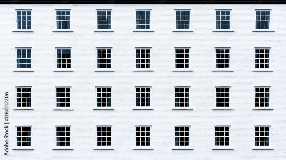 Poster symmetrical pattern of windows on a white building facade