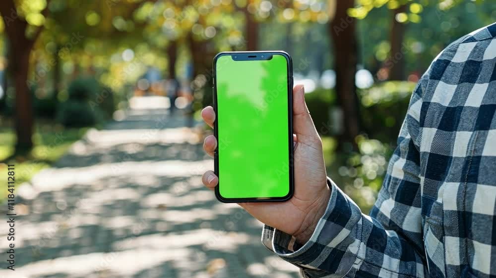 Leinwandbilder a person stands in a lively park, holding a smartphone displaying a bright green chromakey screen. t