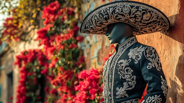 Mannequin in ornate charro suit against vibrant floral wall.