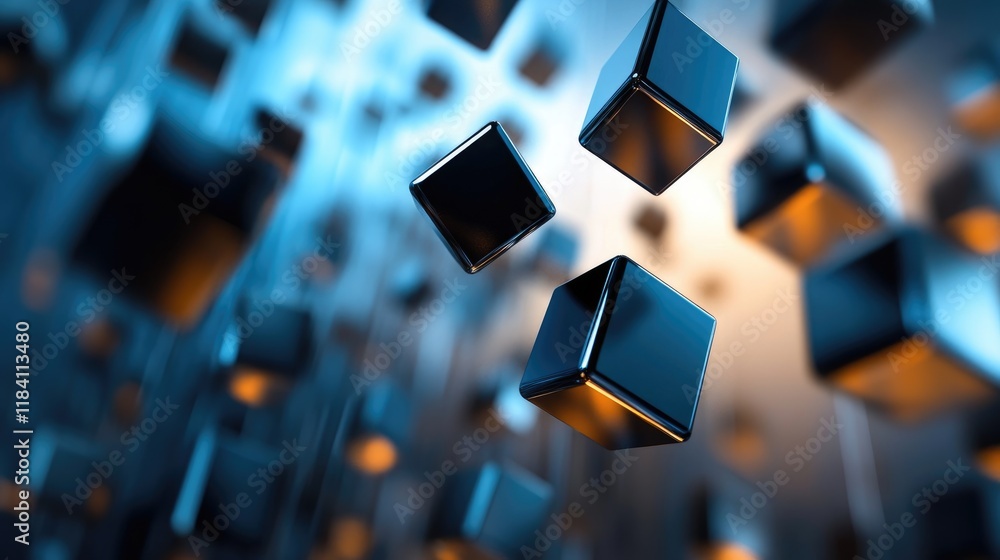 Poster abstract d cubes and floating elements on a gradient background, evoking a sense of depth.