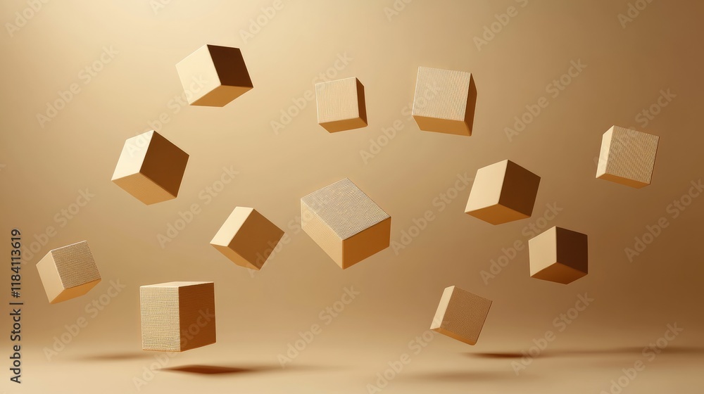 Poster abstract d cubes and floating elements on a gradient background, evoking a sense of depth.