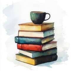 Naklejka premium Watercolor Illustration of Stacked Books with Coffee Cup Cozy Reading Home Library Still Life
