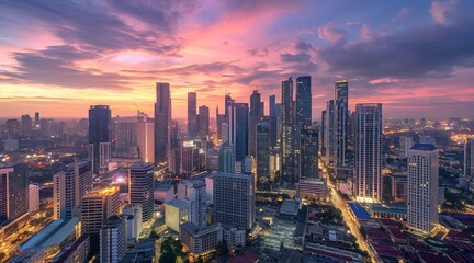 Majestic Cityscape at Sunset with Skyscrapers Illuminated by Evening Lights