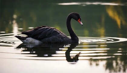 Elegant Black Swan on Serene Water: A Peaceful Sunset Scene