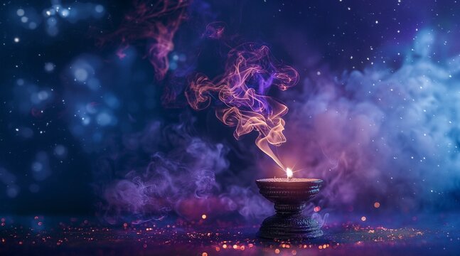 Magical Candle with Colorful Smoke Trails Against a Starry Night Background