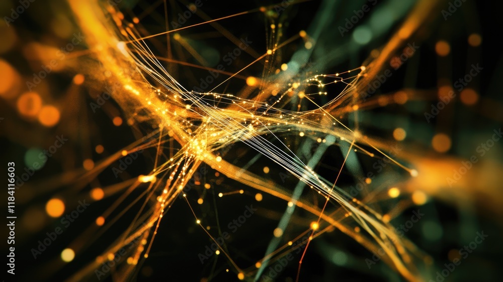 Poster abstract glowing lines and circuit-inspired patterns on a dark surface, symbolizing technological in