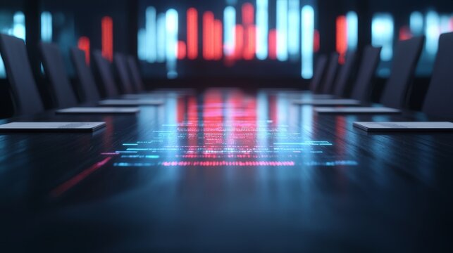 Digital data streams across a boardroom table, symbolizing cybersecurity training with data flowing between connected devices, reflecting in a meeting room.