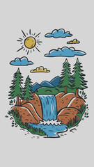 A t-shirt design of a doodle drawing of a serene landscape with a sky, sun, clouds, waterfall, and pine trees.