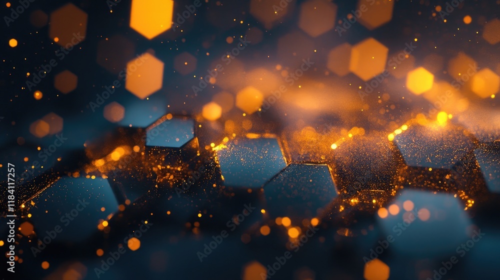 Poster abstract hexagonal grids with luminous highlights, representing precision and technology.