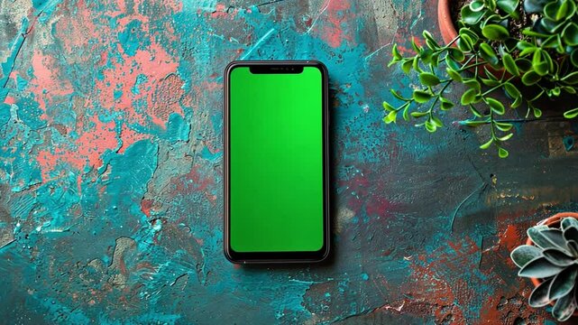 A sleek smartphone rests on a colorful, textured surface featuring shades of blue, pink, and green. The device displays a bright green screen, perfect for customization or overlays.
