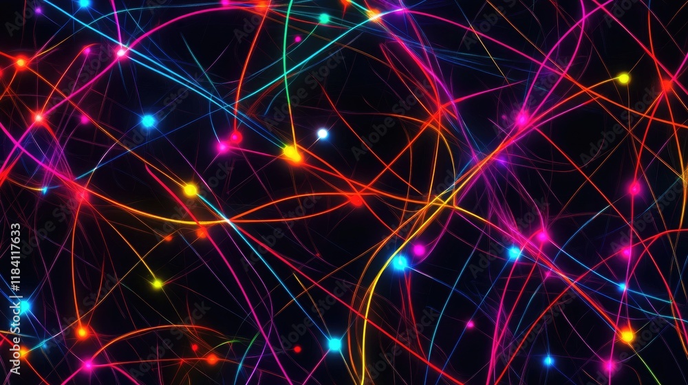 Poster abstract patterns with overlapping glowing lines and dots, representing digital connections.