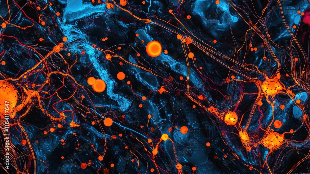 Poster abstract patterns with overlapping glowing lines and dots, representing digital connections.