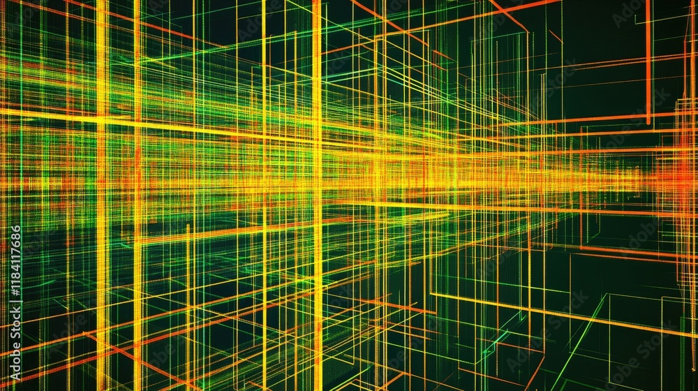 Poster abstract patterns with overlapping glowing lines and dots, representing digital connections.