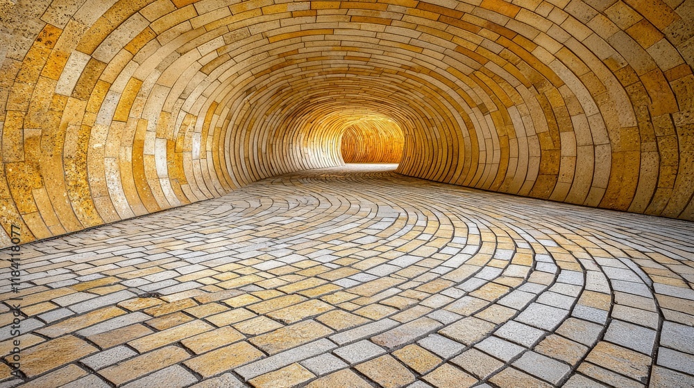 Poster mesmerizing curved tunnel with textured stone walls and warm lighting effect