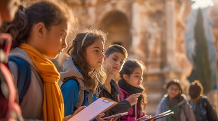 Fototapeta premium Children Discovering History on Educational Field Trip at Ancient Site