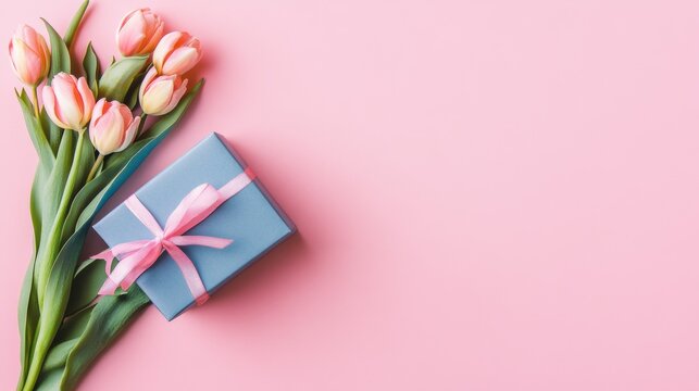 Celebrate Mother's Day with a blue gift box and pink tulip bouquet on a pastel background offering space for heartwarming messages