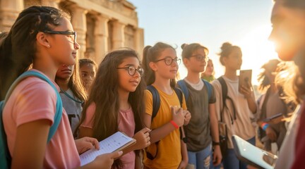 Obraz premium School Children on an Educational Field Trip Exploring Historical Architecture
