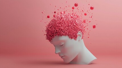 Surreal depiction of a human head dispersing into particles, symbolizing the spread of misinformation or viral threats in a digital context.