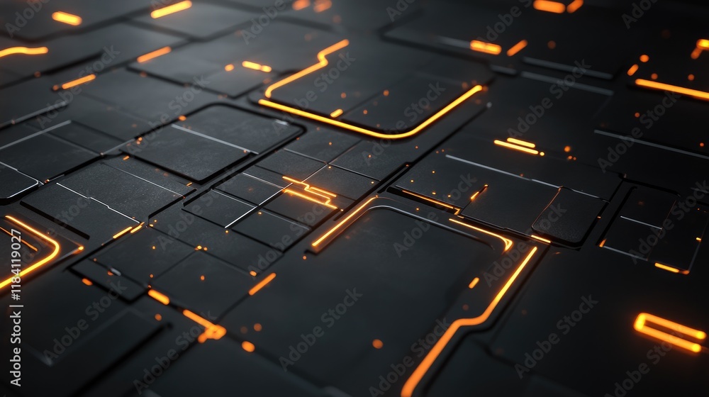 Poster abstract tech grid with glowing digital nodes and intersecting lines on a black background.