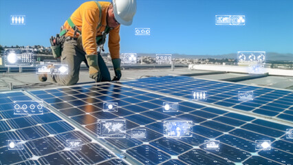 A sustainable energy worker installing solar panels, advanced equipment and futuristic data visualization