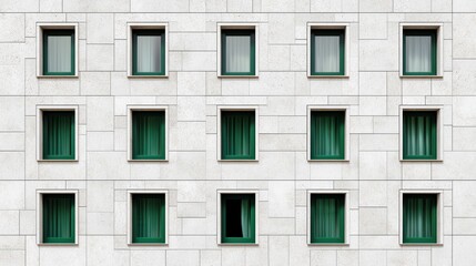 Geometric Pattern of Green Windows on a White Building Facade