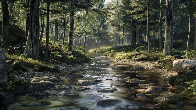 Tranquil forest stream flowing through a lush green forest.