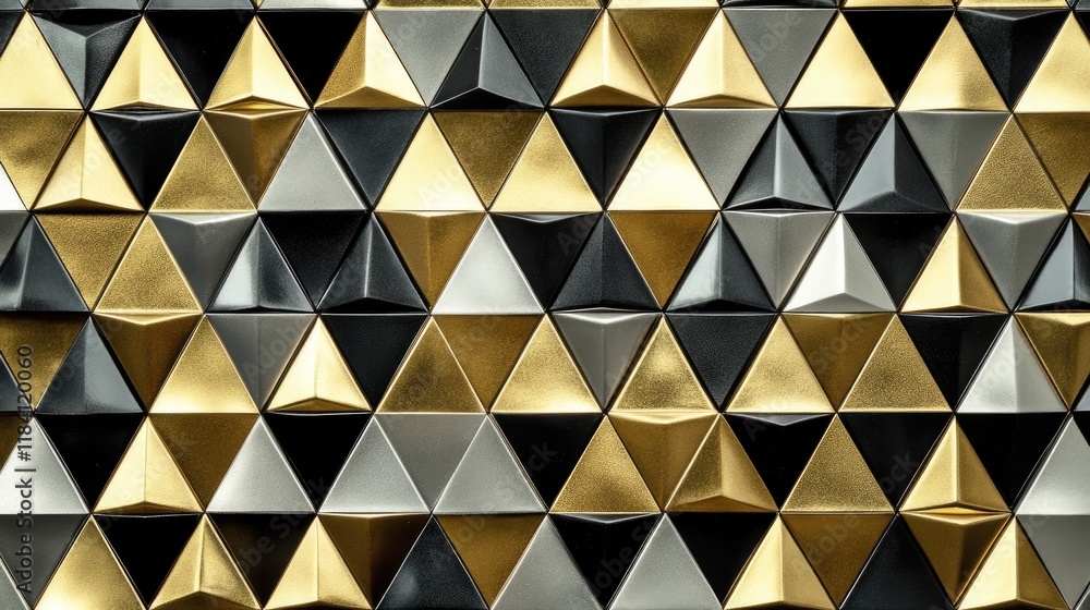 Poster abstract triangles in metallic tones arranged in a pattern, evoking strength and structure in busine