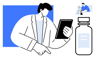 Medical professional wearing lab coat holding tablet and checking data. Medication bottle and small illustration of a nurse preparing injection. Ideal for healthcare, medical research, telemedicine