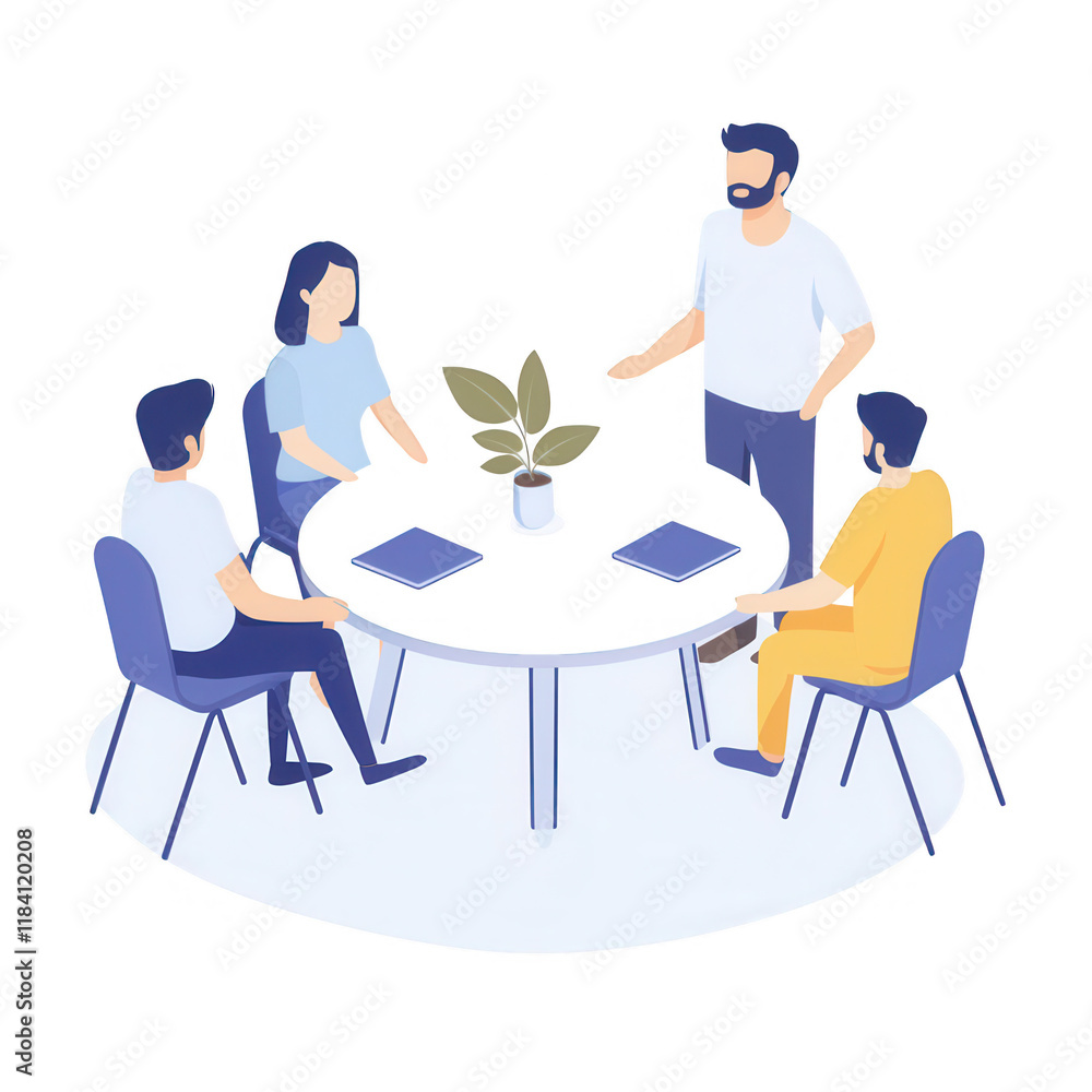 Aufkleber a team collaborates during a meeting around a round table with digital devices., isolated on a trans