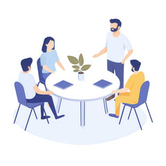 A team collaborates during a meeting around a round table with digital devices., isolated on a transparent background.