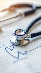 Detailed Medical Image Stethoscope and A Heartbeat Shape Symbol On A Healthcare Chart