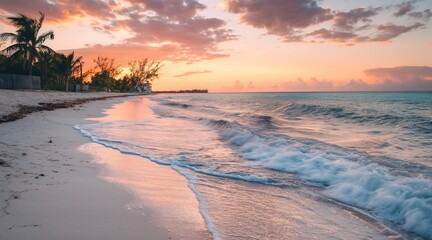 Tranquil Beach Sunset with Gentle Waves and Palm Trees on a Serene Shoreline