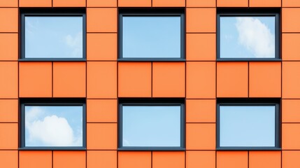 Fototapeta premium Abstract Orange Facade with Cloud Reflections in Windows