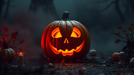 A spooky jack-o'-lantern glowing in the dark with a foggy background, surrounded by scattered autumn leaves and Halloween decorations, space for text. Generative AI