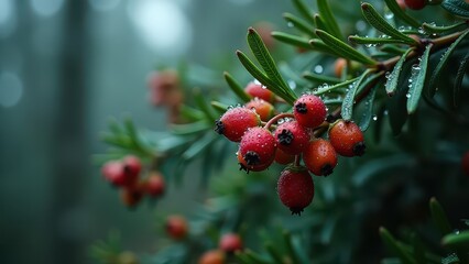 Obraz premium Close-Up of Dew-Covered Red Berries on Evergreen Branch in a Forest