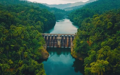 A birds-eye view of a hydroelectric dam surrounded by lush greenery and a river
