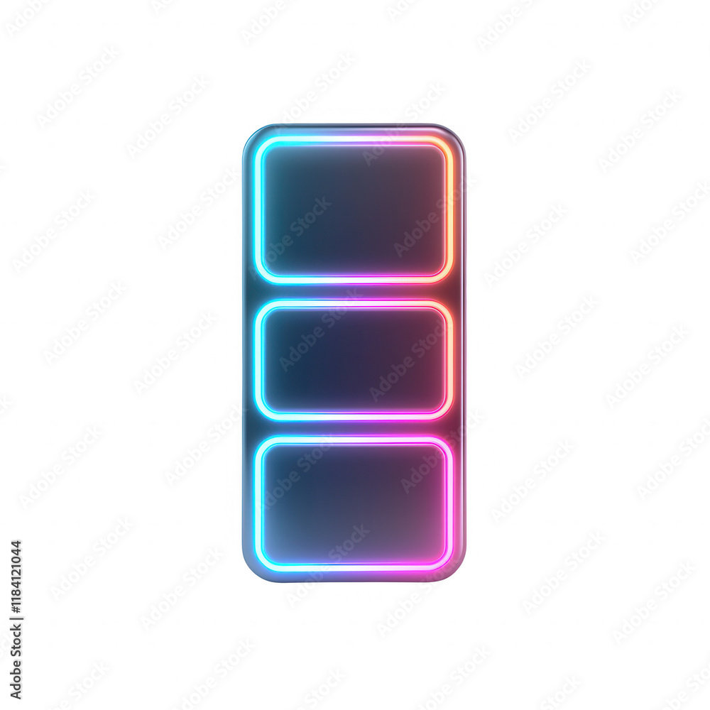 Poster a vibrant neon light frame with three rectangular spaces for your creative design., isolated on a tr