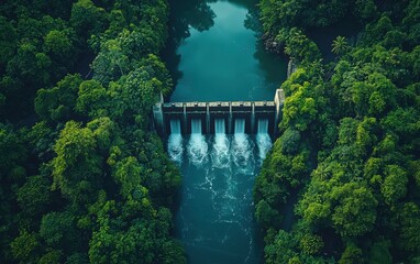 Fototapeta premium A birds-eye view of a hydroelectric dam surrounded by lush greenery and a river