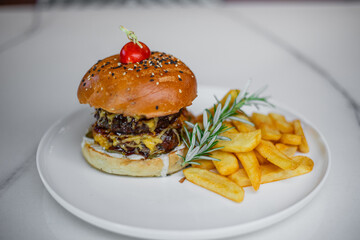 Burger and fries on a plate