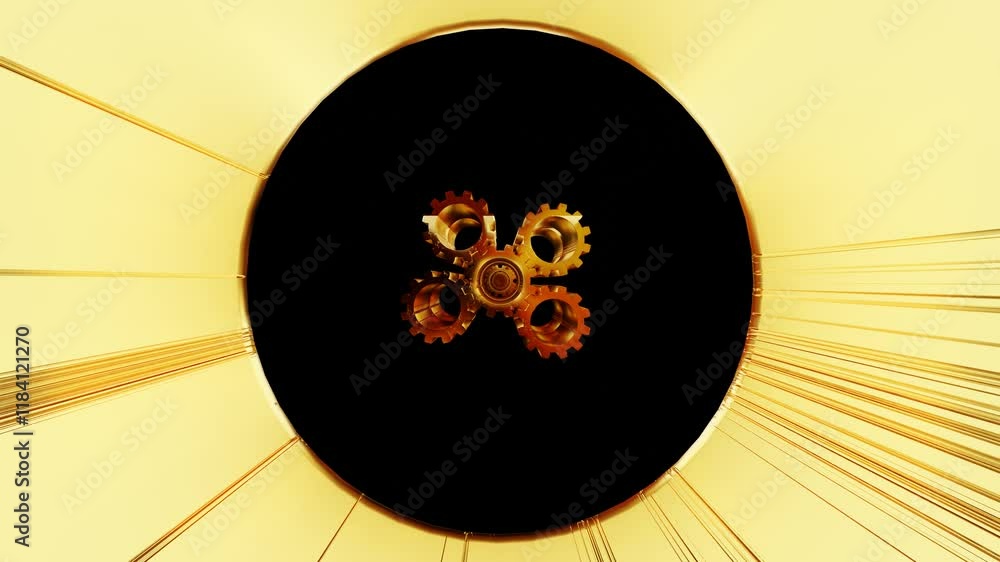 Poster endless forward motion through a tunnel of rotating golden gears on a black background. looped anima