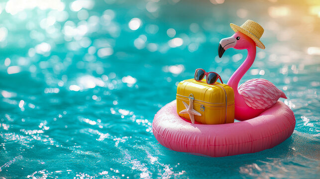Colorful flamingo float with sunglasses and a hat relaxes in a sunny pool surrounded by beach vibes and summer atmosphere