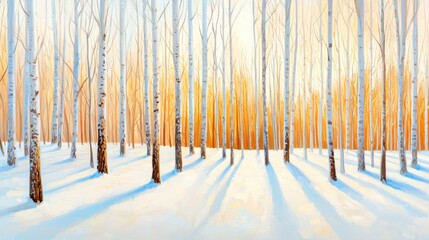 Tranquil Winter Landscape with Snow-Covered Trees and Soft Golden Light