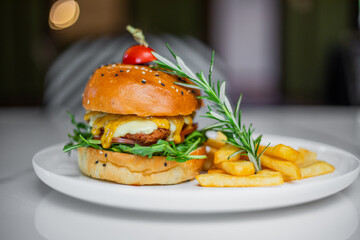 Burger and fries on a plate