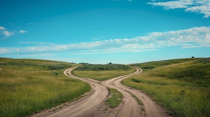 Naklejka premium Diverging Dirt Roads in Countryside Landscape Under Blue Sky