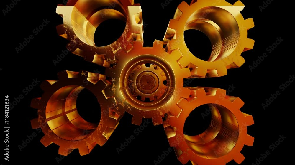 Poster endless forward motion through a tunnel of rotating golden gears on a black background. looped anima