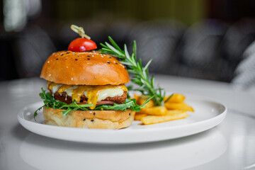 Burger and fries on a plate