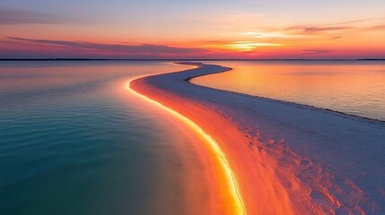 Aerial shot of a sandbar glowing in sunset hues surrounded by clear blue water.