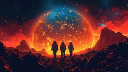Fototapeta premium Journey to a New Planet: Explorers embark on an adventure to a newly discovered planet