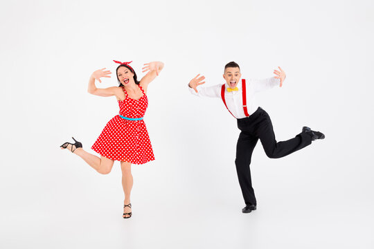 Photo of attractive couple professional dancers choreography battle musici rhythm performance isolated on white color background